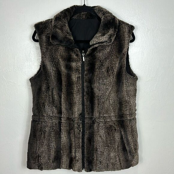 Giacca Faux Fur Full Zip Brown & Black High Neck Reversible Vest Size M - Picture 1 of 10
